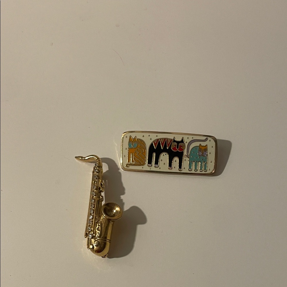 Colorful Cat and Saxophone Brooch Set